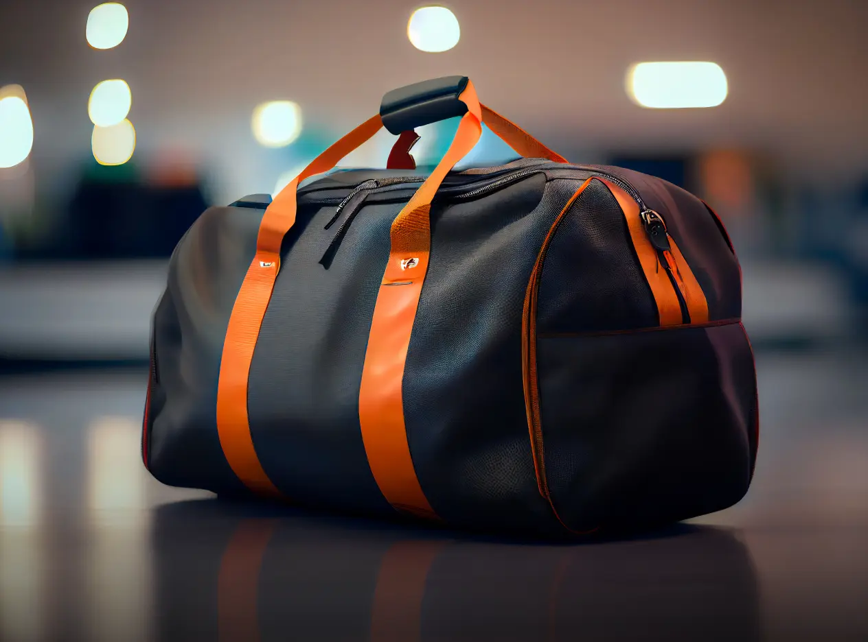 Black duffel bag with orange color straps